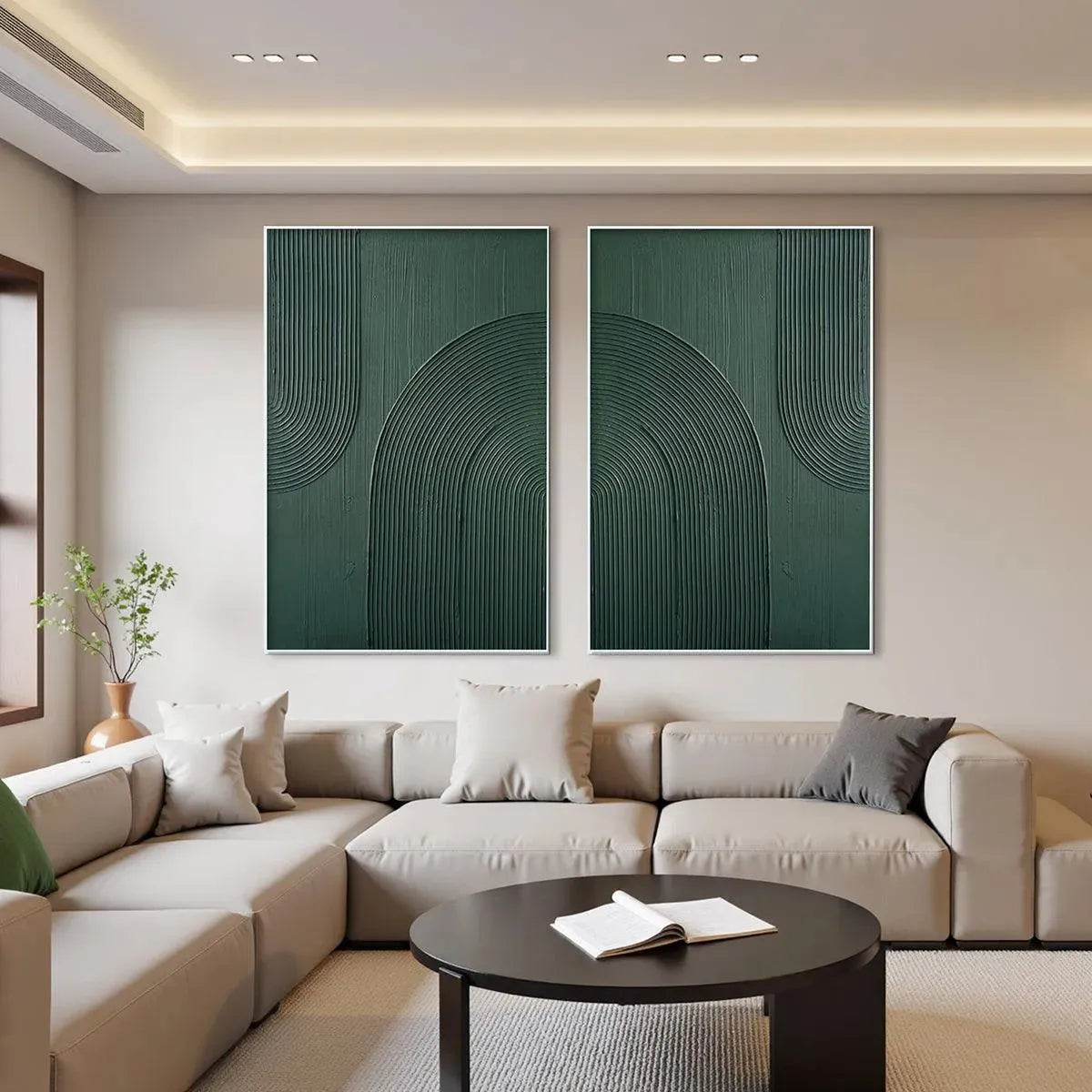 GREEN TEXTURED ARCHES DIPTYCH: Textured Abstract Painting Set of 2, Square Wall Art - Image 2