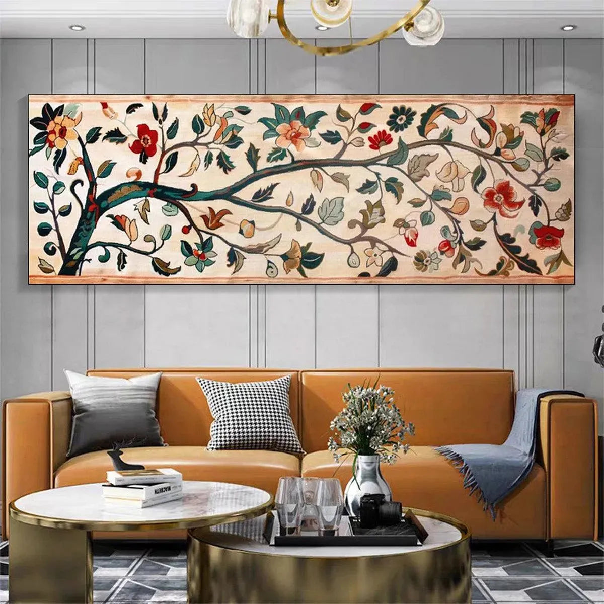 FLOWERING BRANCH TAPESTRY PANORAMIC: Floral Tapestry Painting, Panoramic Wall Art - Image 2