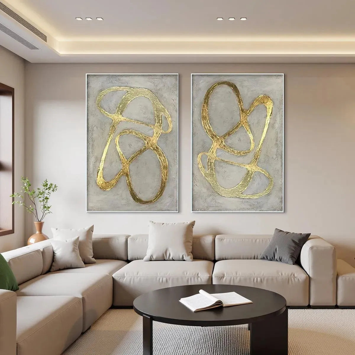 GOLDEN ABSTRACT DIPTYCH: Abstract Painting Set of 2, Vertical Wall Art - Image 2