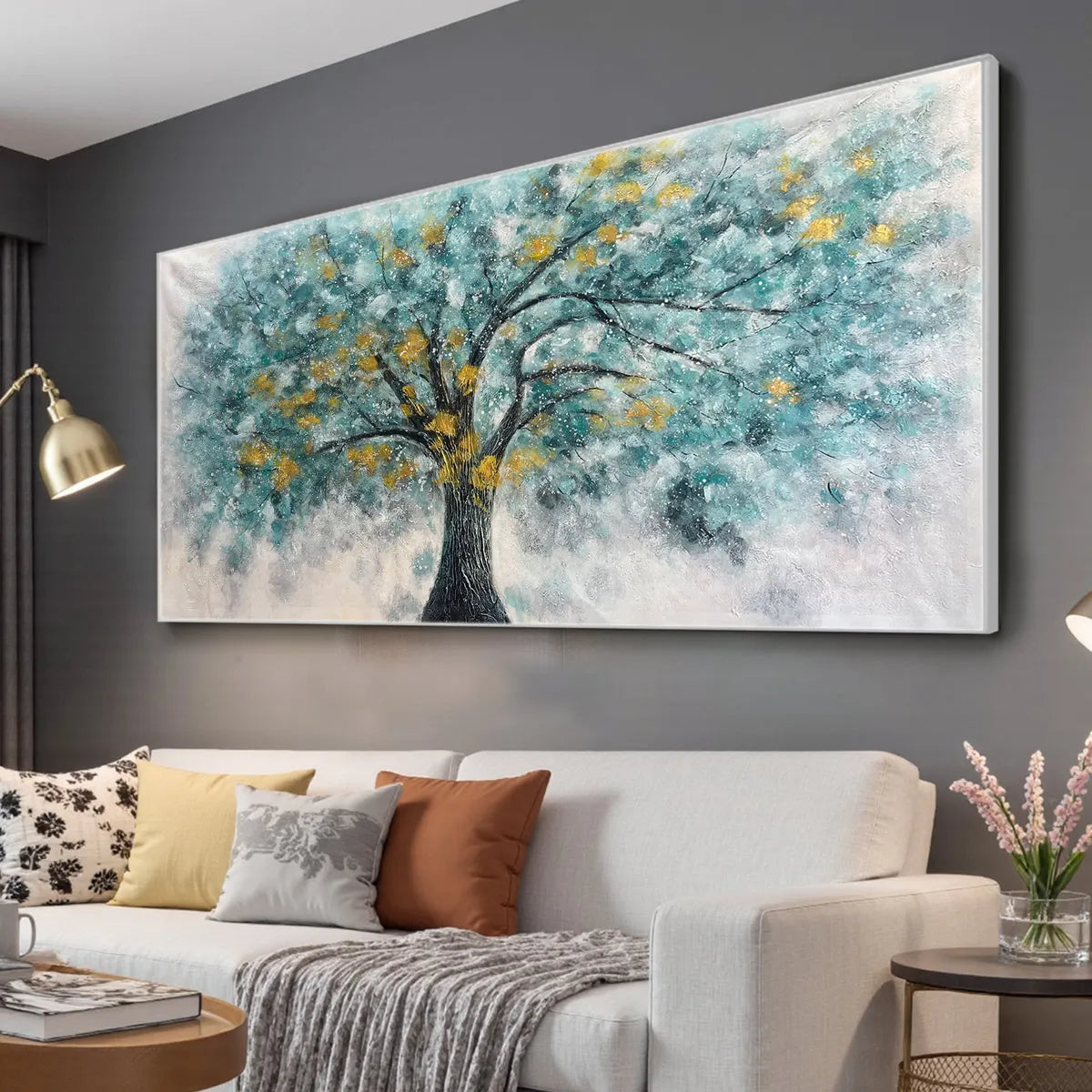 GOLDEN AUTUMN: Panoramic Tree Painting, Textured Wall Art, Blue, Gold, Living Room, Bedroom, Office - Image 4