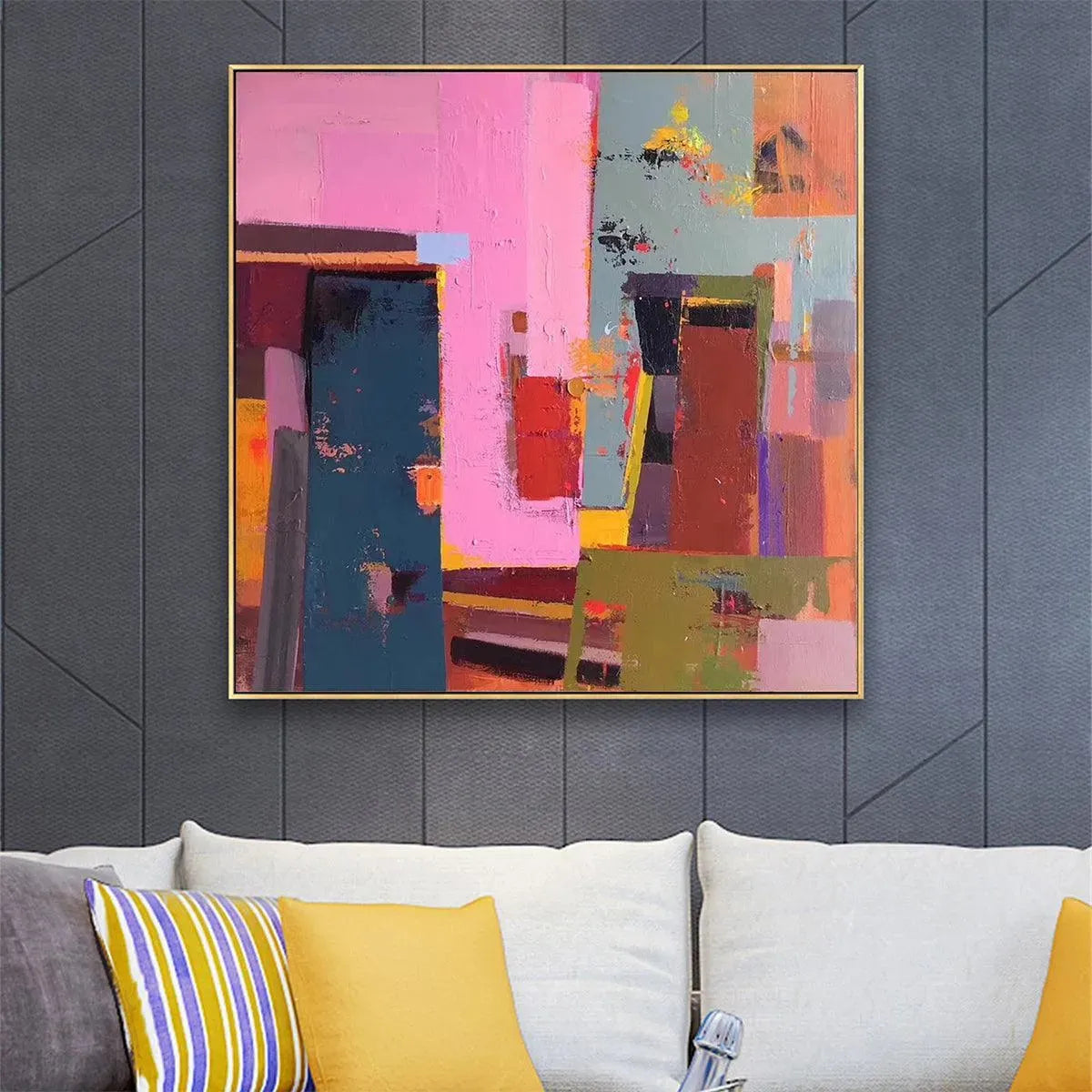 PINK AND GREEN URBAN ABSTRACT: Colorful Abstract City Painting, Square Wall Art - Image 7