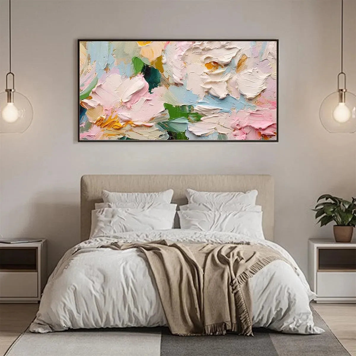 SPRING BOUQUET: Textured Floral Painting, Pastel Wall Art, Panoramic Canvas, Impasto Decor - Image 2