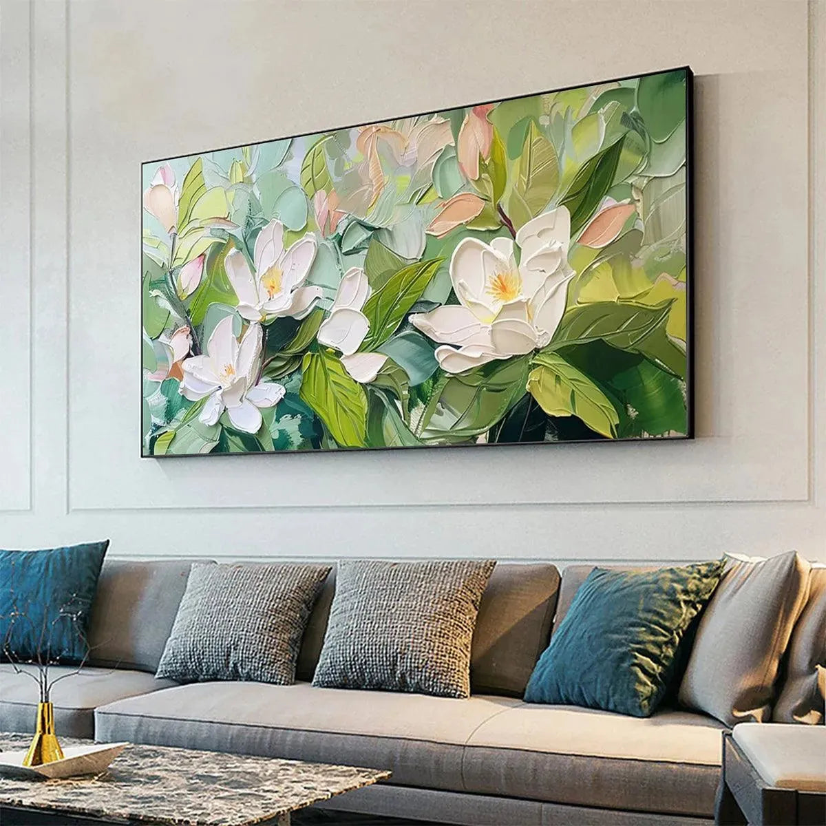 MAGNOLIA BLOSSOMS: Textured Floral Painting, Impasto Wall Art, Horizontal Canvas, Magnolia Decor - Image 4