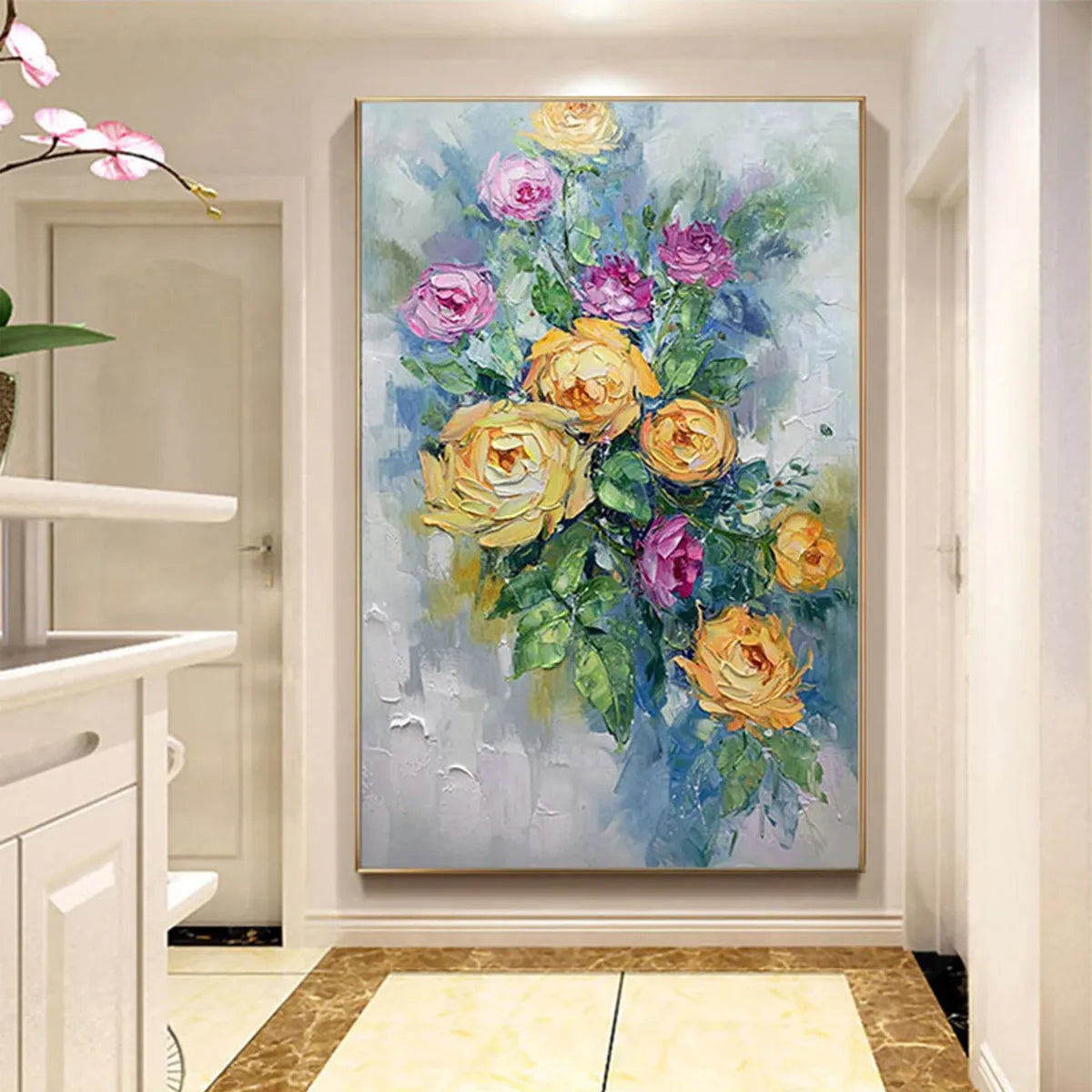 GOLDEN HOUR ROSES: Vertical Textured Floral Oil Painting on Canvas - Image 6