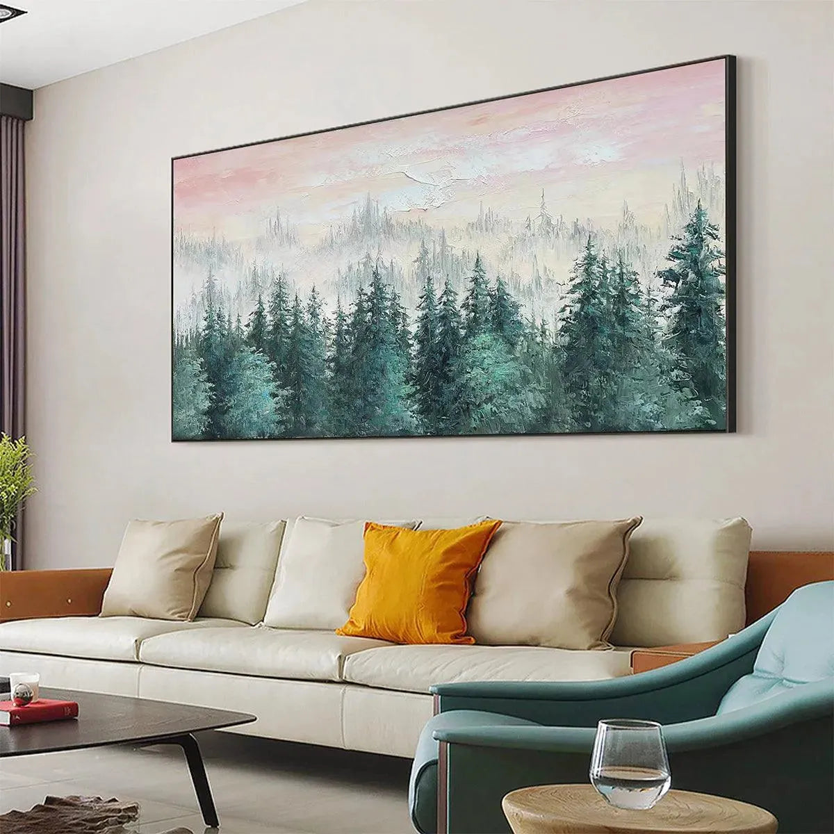 MISTY PINES: Panoramic Forest Landscape Painting, Misty Trees, Green - Image 9