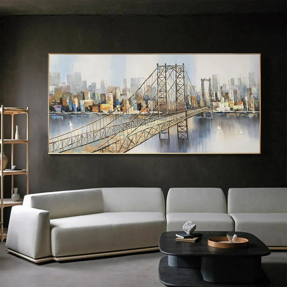 URBAN CONNECTIVITY: Panoramic Cityscape Oil Painting with Bridge - Image 8