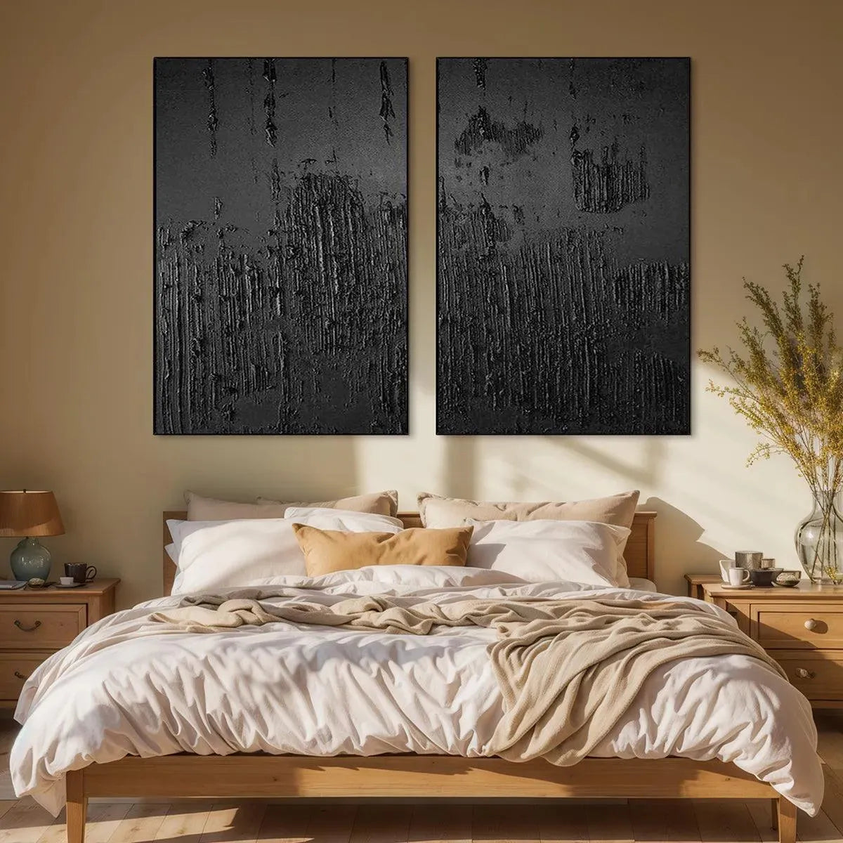 BLACK TEXTURED DIPTYCH: Textured Abstract Painting Set of 2, Vertical Wall Art - Image 7