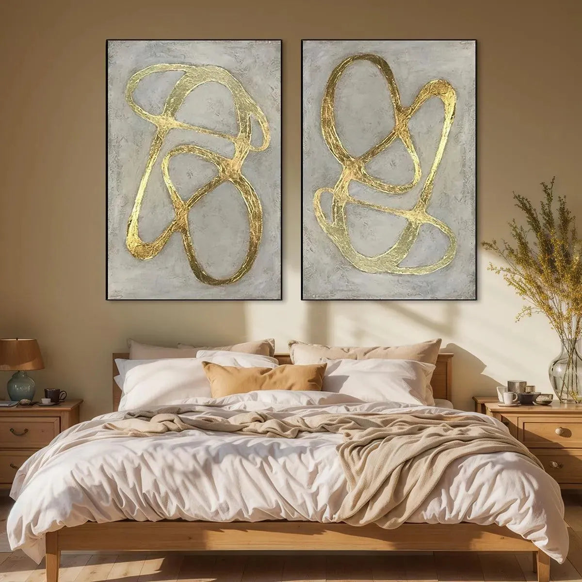 GOLDEN ABSTRACT DIPTYCH: Abstract Painting Set of 2, Vertical Wall Art - Image 4