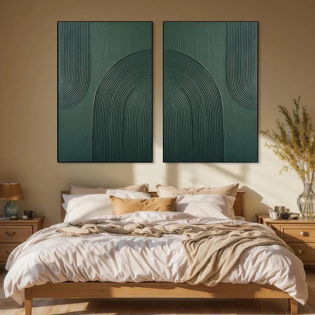 GREEN TEXTURED ARCHES DIPTYCH: Textured Abstract Painting Set of 2, Square Wall Art - Image 4