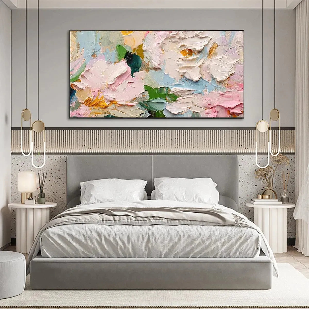 SPRING BOUQUET: Textured Floral Painting, Pastel Wall Art, Panoramic Canvas, Impasto Decor - Image 4
