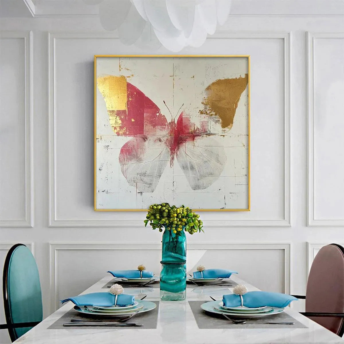 GOLDEN BUTTERFLY: Butterfly Painting, Gold and Pink Wall Art, Square Canvas Art, Bedroom Decor - Image 4