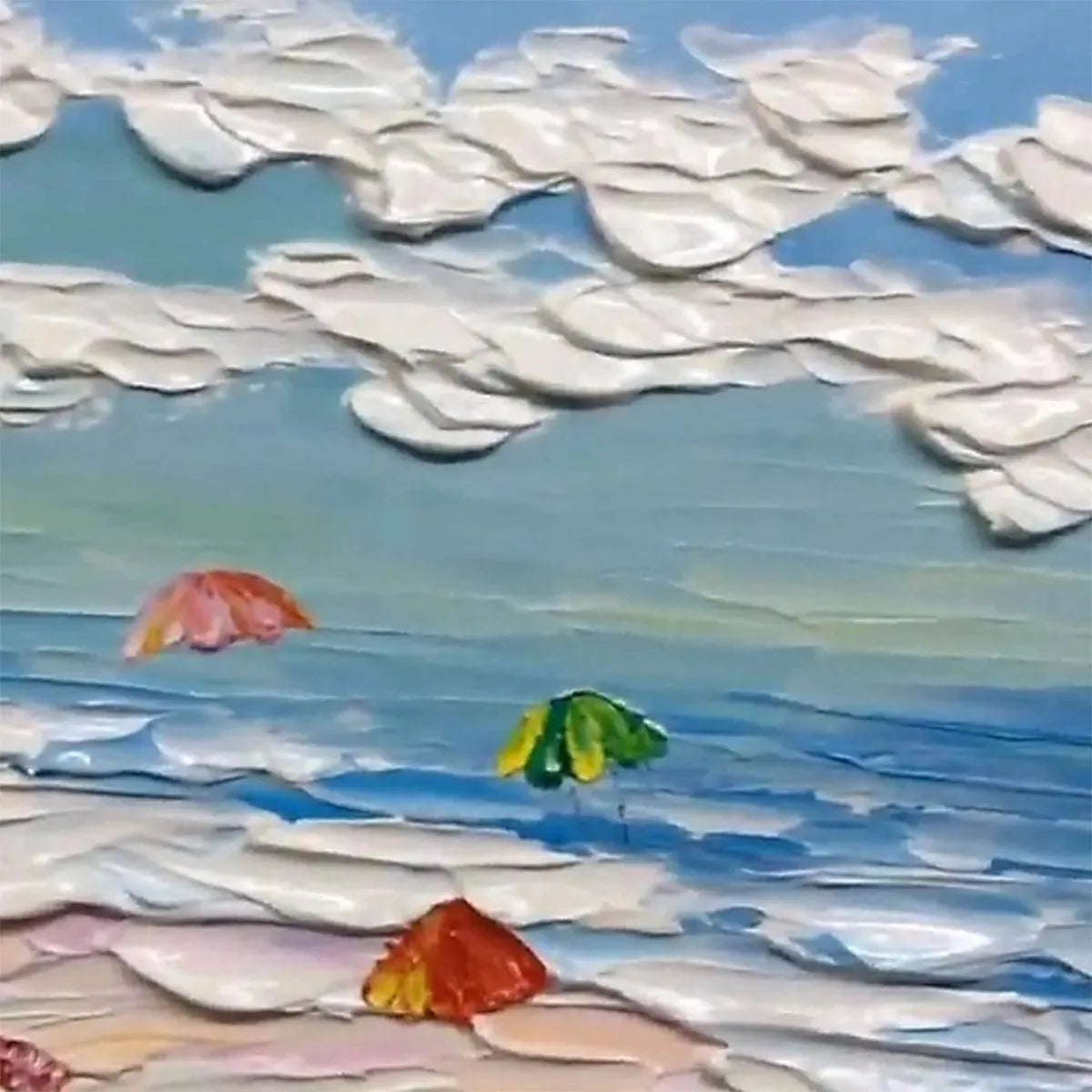 SEASIDE CELEBRATION: Textured Impasto Beach Painting with Colorful Umbrellas - Image 3