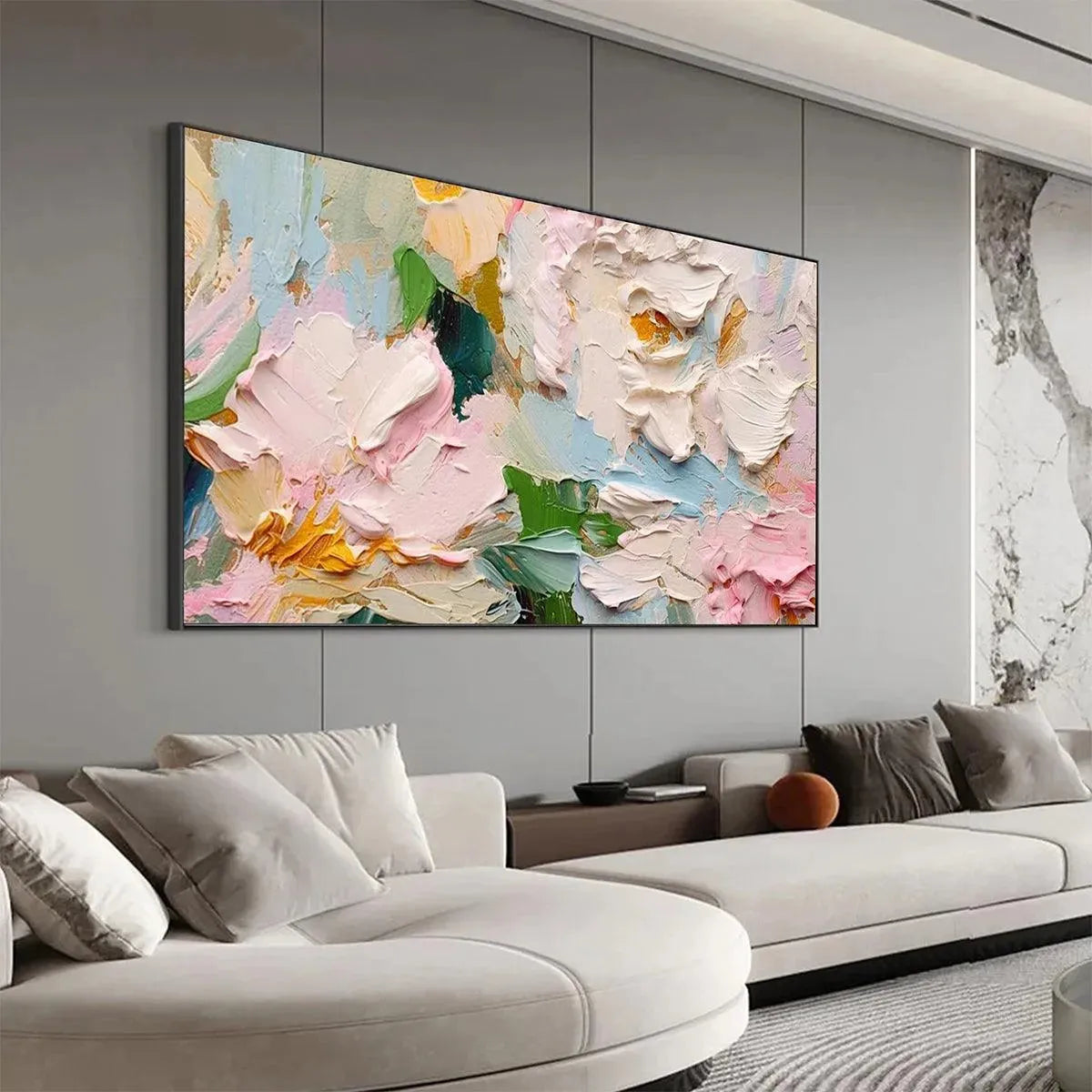 SPRING BOUQUET: Textured Floral Painting, Pastel Wall Art, Panoramic Canvas, Impasto Decor - Image 5