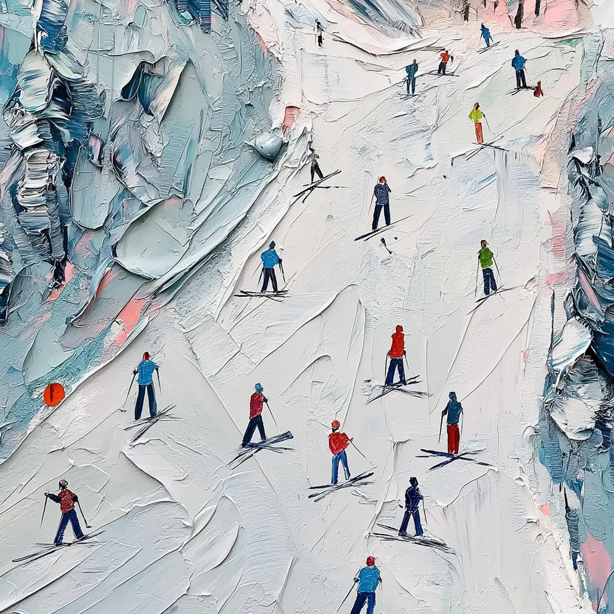 SLOPE LIFE: Textured Impasto Ski Slope Scene on Square Canvas - Image 3