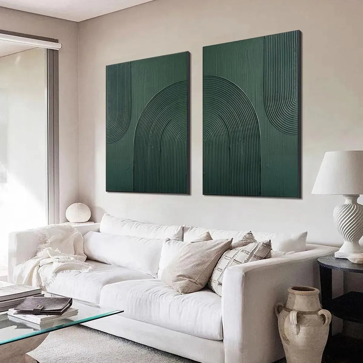 GREEN TEXTURED ARCHES DIPTYCH: Textured Abstract Painting Set of 2, Square Wall Art - Image 6