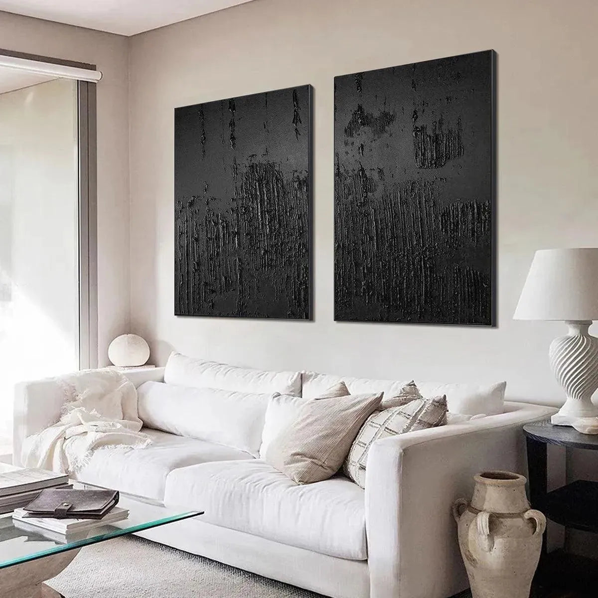 BLACK TEXTURED DIPTYCH: Textured Abstract Painting Set of 2, Vertical Wall Art - Image 5