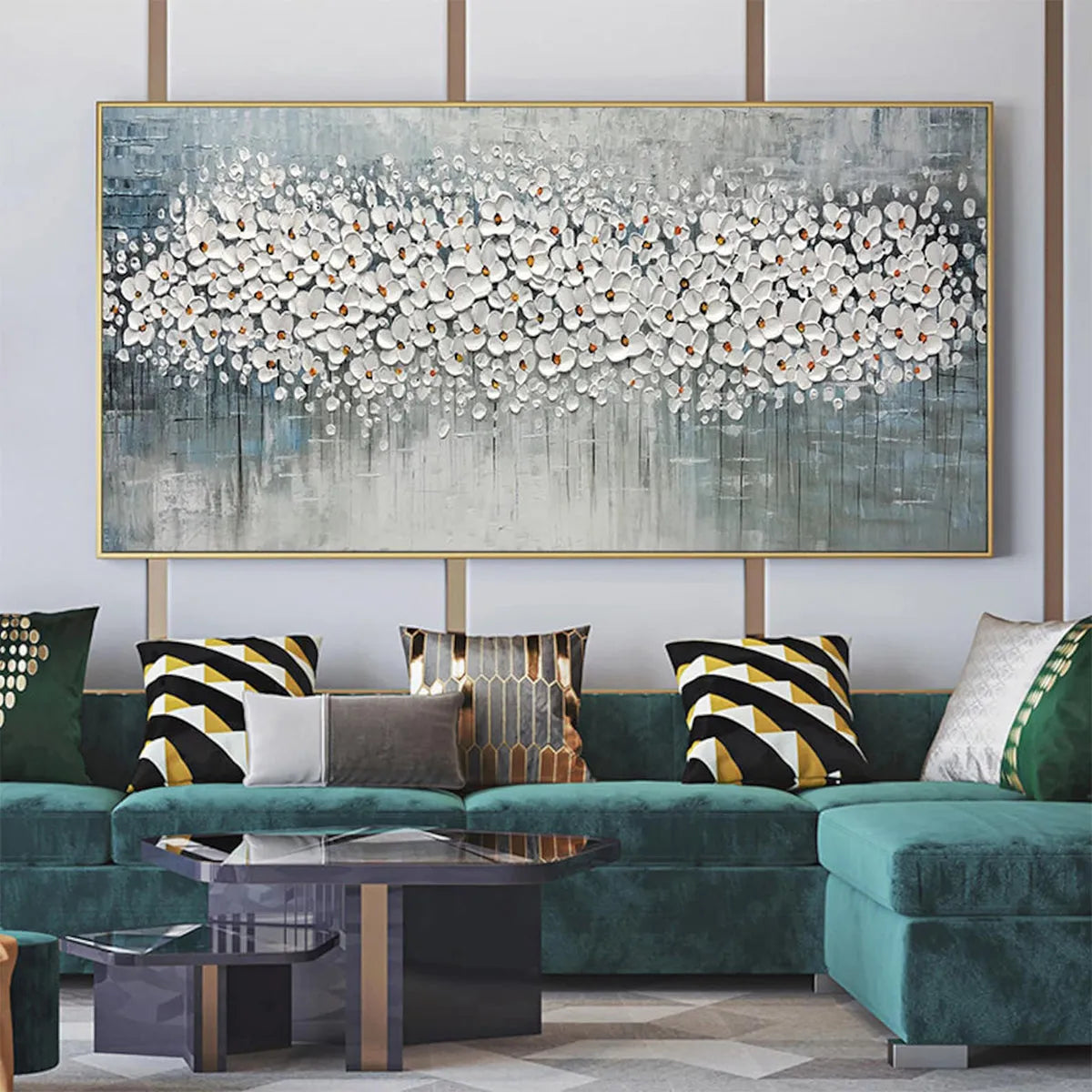 WINTER BLOSSOM: Panoramic Impasto Floral Oil Painting in White and Grey - Image 2
