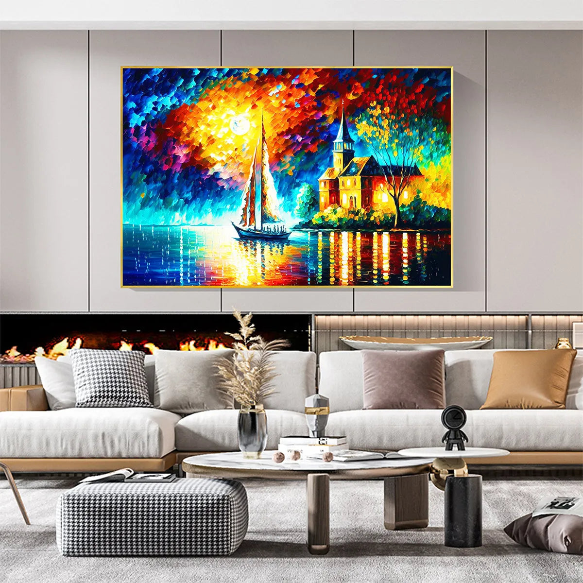 SANCTUARY BY THE SEA: Coastal Landscape Oil Painting with Sailboat and Church - Image 2