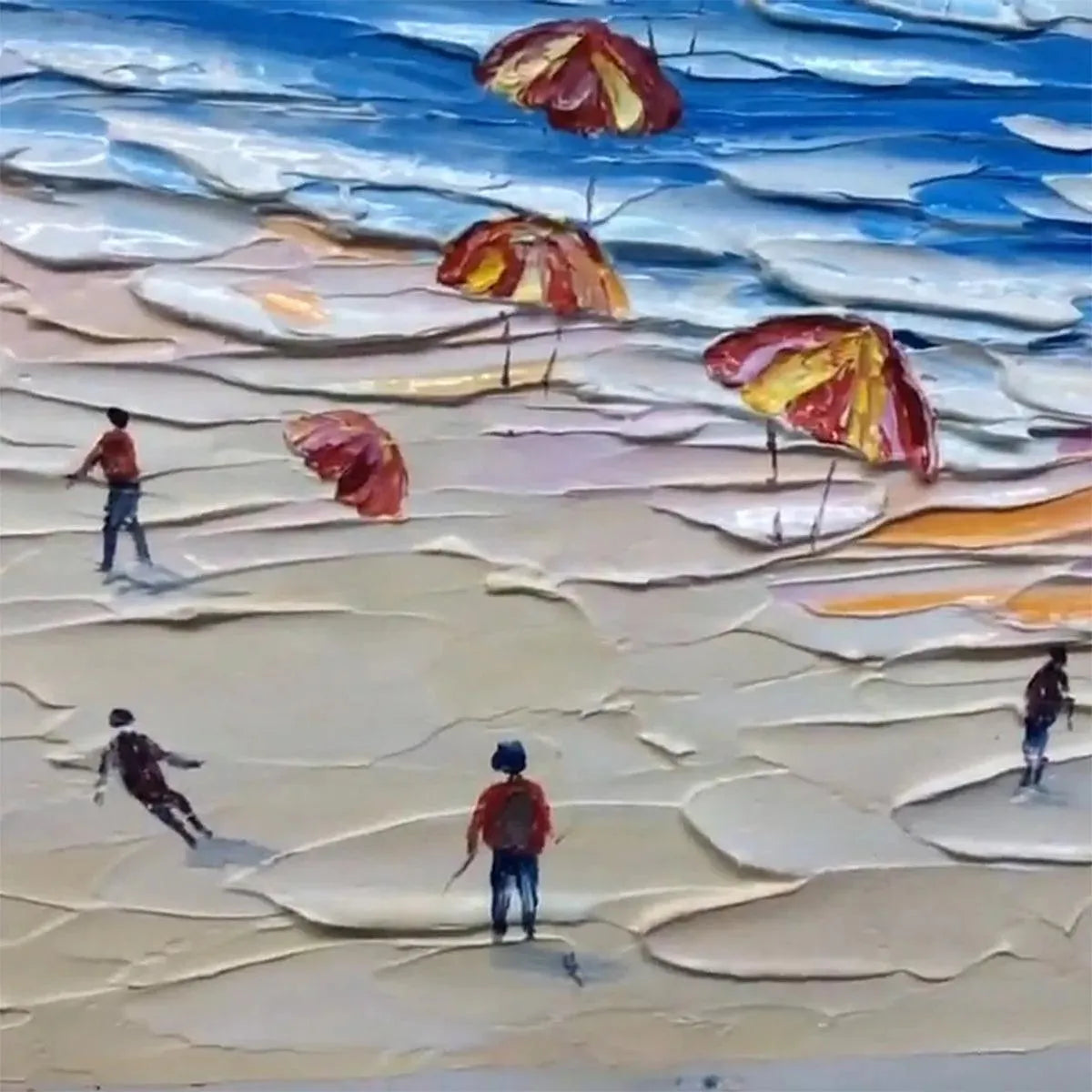 SEASIDE CELEBRATION: Textured Impasto Beach Painting with Colorful Umbrellas - Image 7
