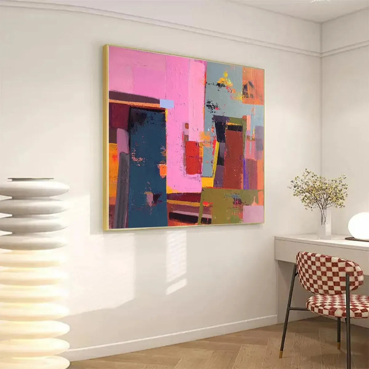 PINK AND GREEN URBAN ABSTRACT: Colorful Abstract City Painting, Square Wall Art - Image 3