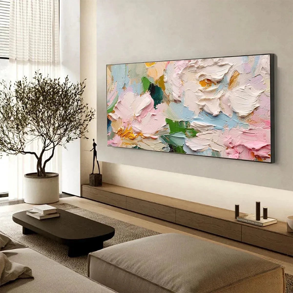 SPRING BOUQUET: Textured Floral Painting, Pastel Wall Art, Panoramic Canvas, Impasto Decor - Image 6