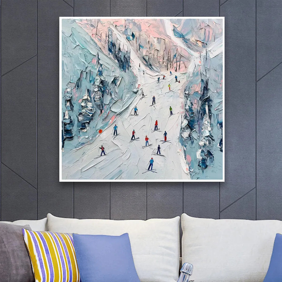 SLOPE LIFE: Textured Impasto Ski Slope Scene on Square Canvas - Image 2