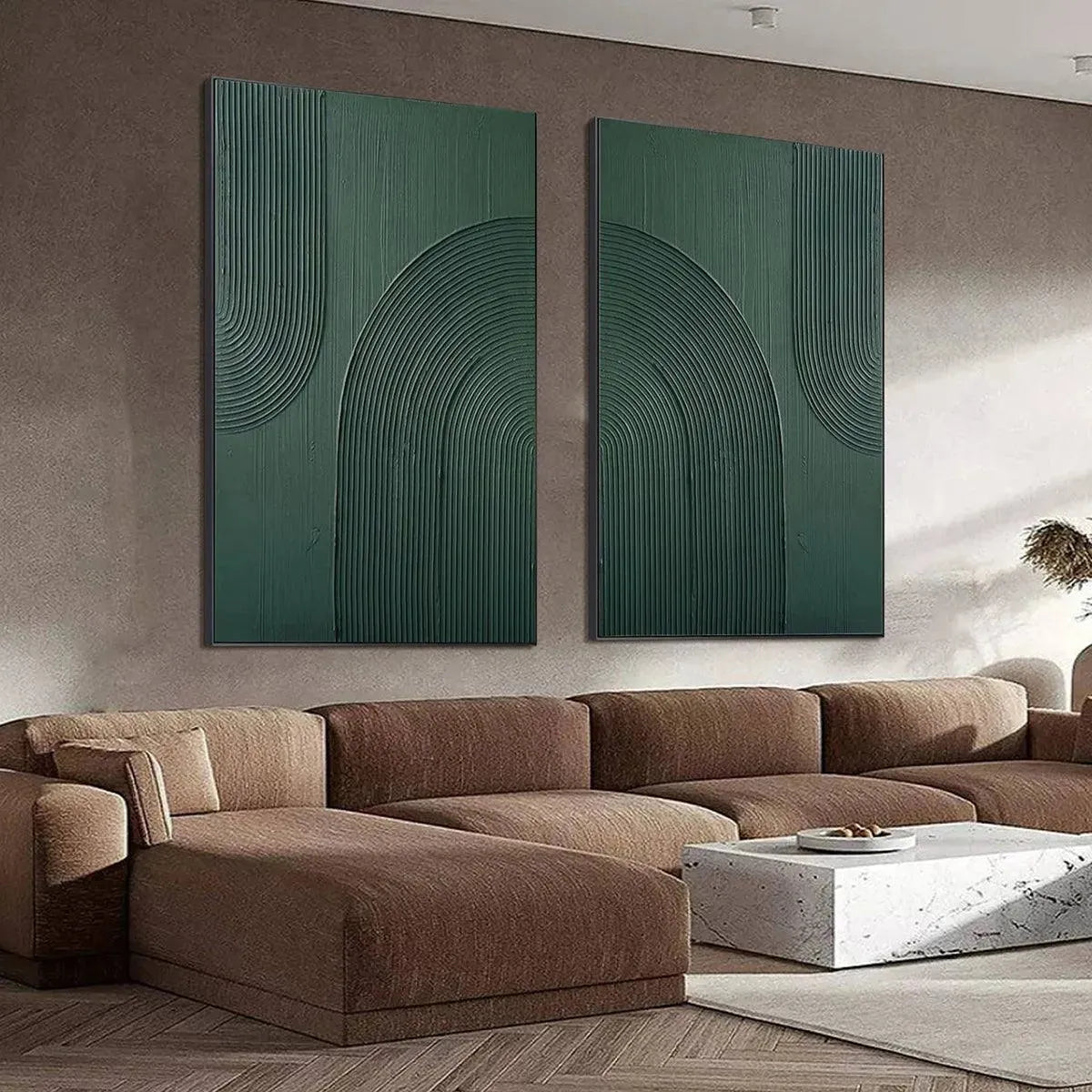 GREEN TEXTURED ARCHES DIPTYCH: Textured Abstract Painting Set of 2, Square Wall Art - Image 7