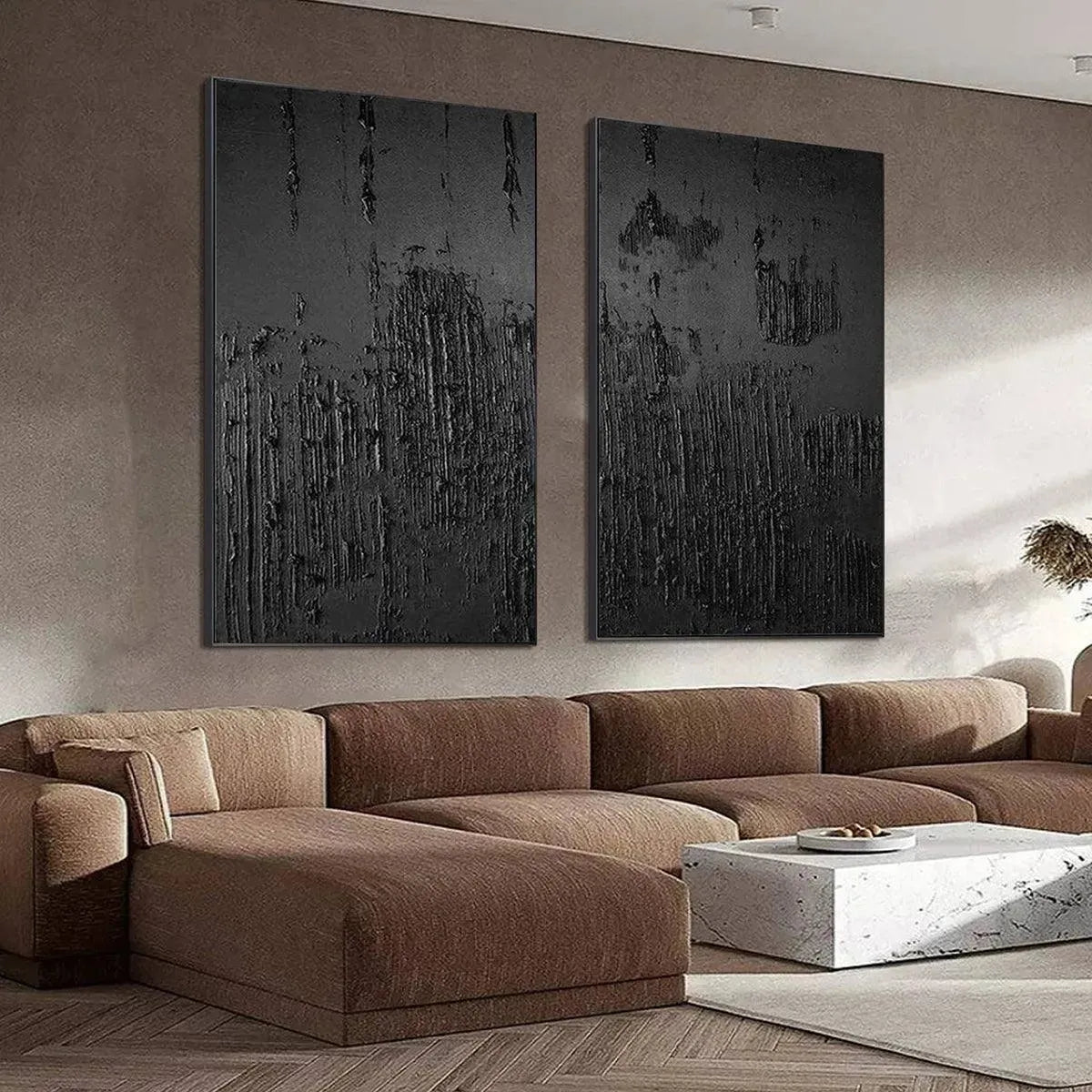 BLACK TEXTURED DIPTYCH: Textured Abstract Painting Set of 2, Vertical Wall Art - Image 3