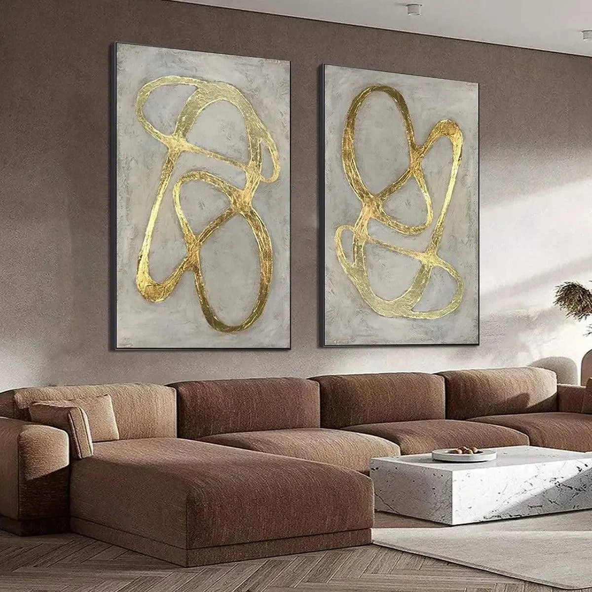 GOLDEN ABSTRACT DIPTYCH: Abstract Painting Set of 2, Vertical Wall Art - Image 7