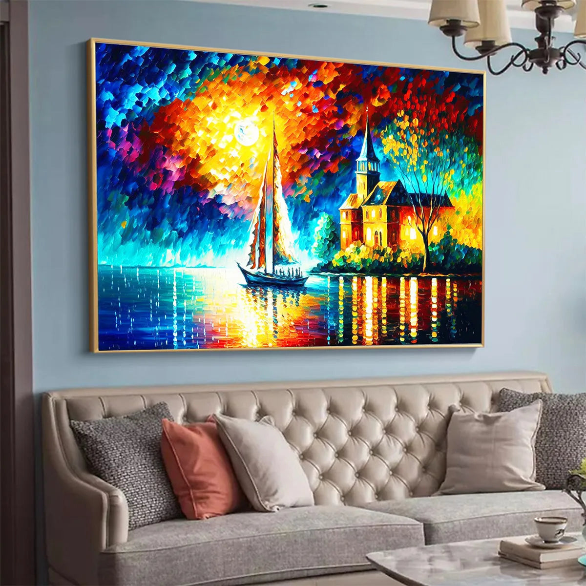 SANCTUARY BY THE SEA: Coastal Landscape Oil Painting with Sailboat and Church - Image 3