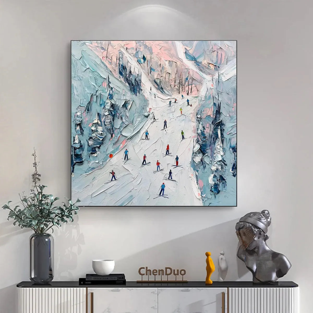 SLOPE LIFE: Textured Impasto Ski Slope Scene on Square Canvas - Image 4