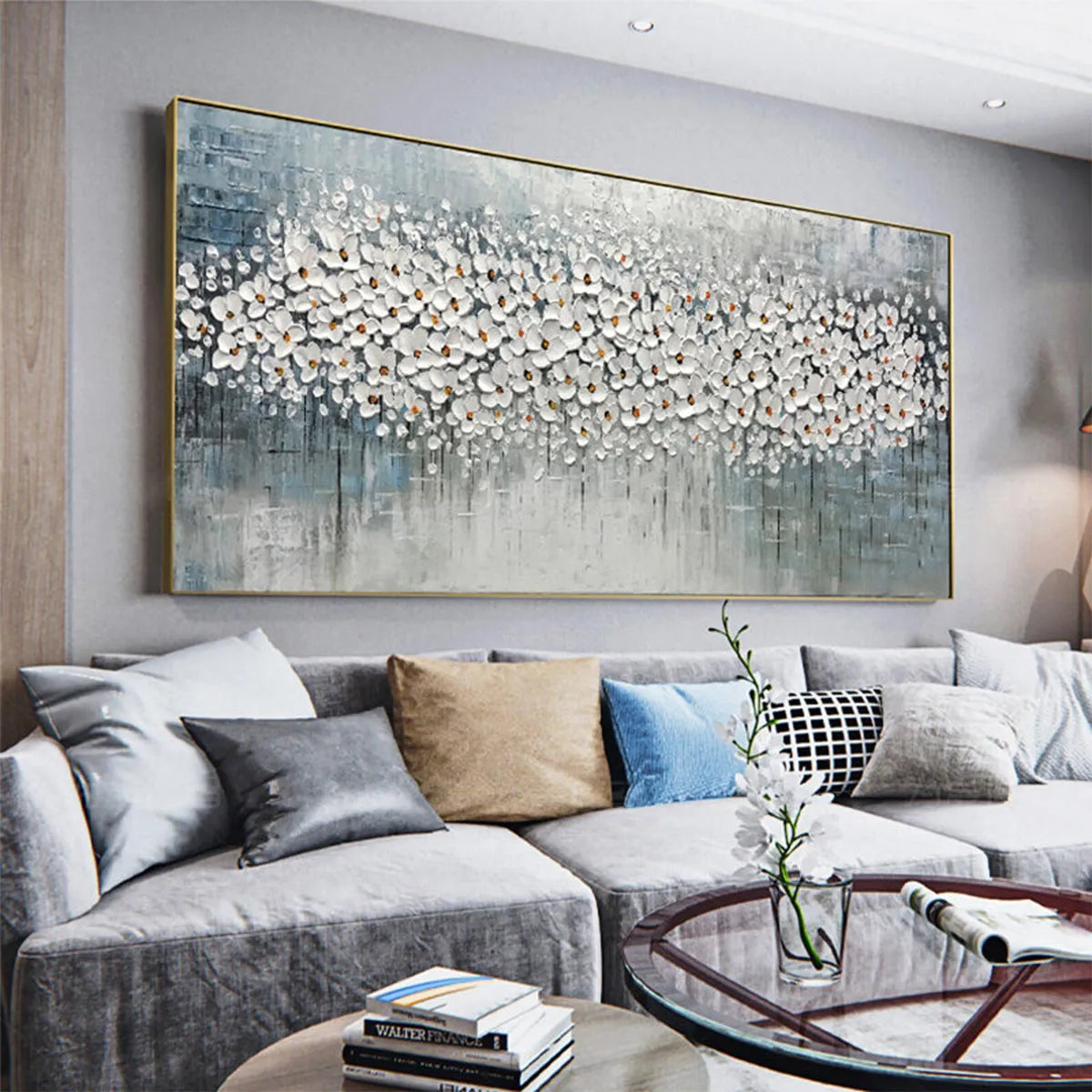 WINTER BLOSSOM: Panoramic Impasto Floral Oil Painting in White and Grey - Image 7