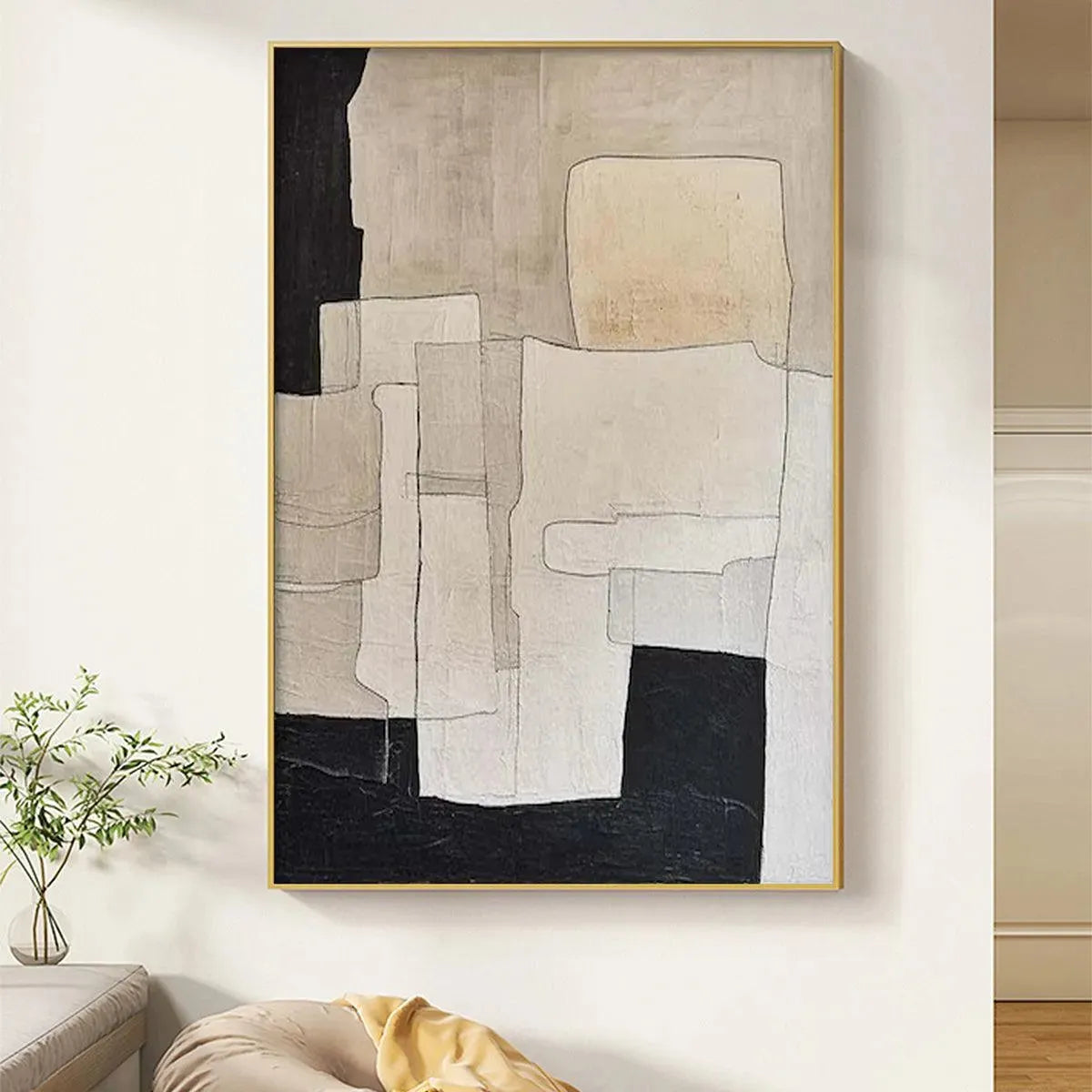 NEUTRAL ABSTRACT: Minimalist Abstract Painting in Beige and Black - Image 2