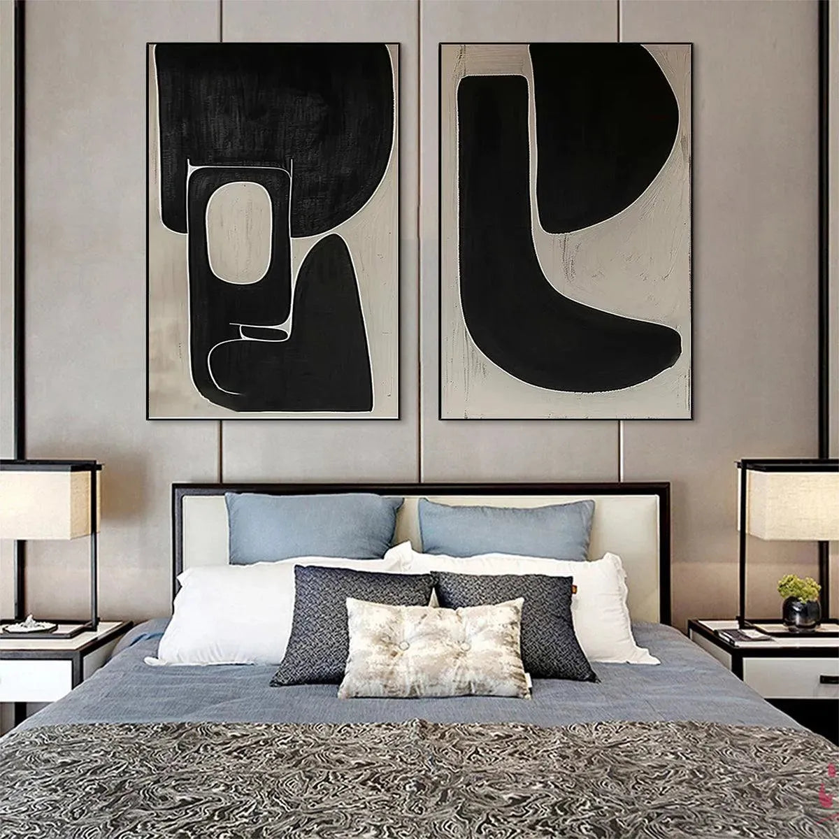 BLACK & BEIGE ABSTRACT DIPTYCH II: Abstract Painting Set of 2, Vertical Wall Art - Image 7