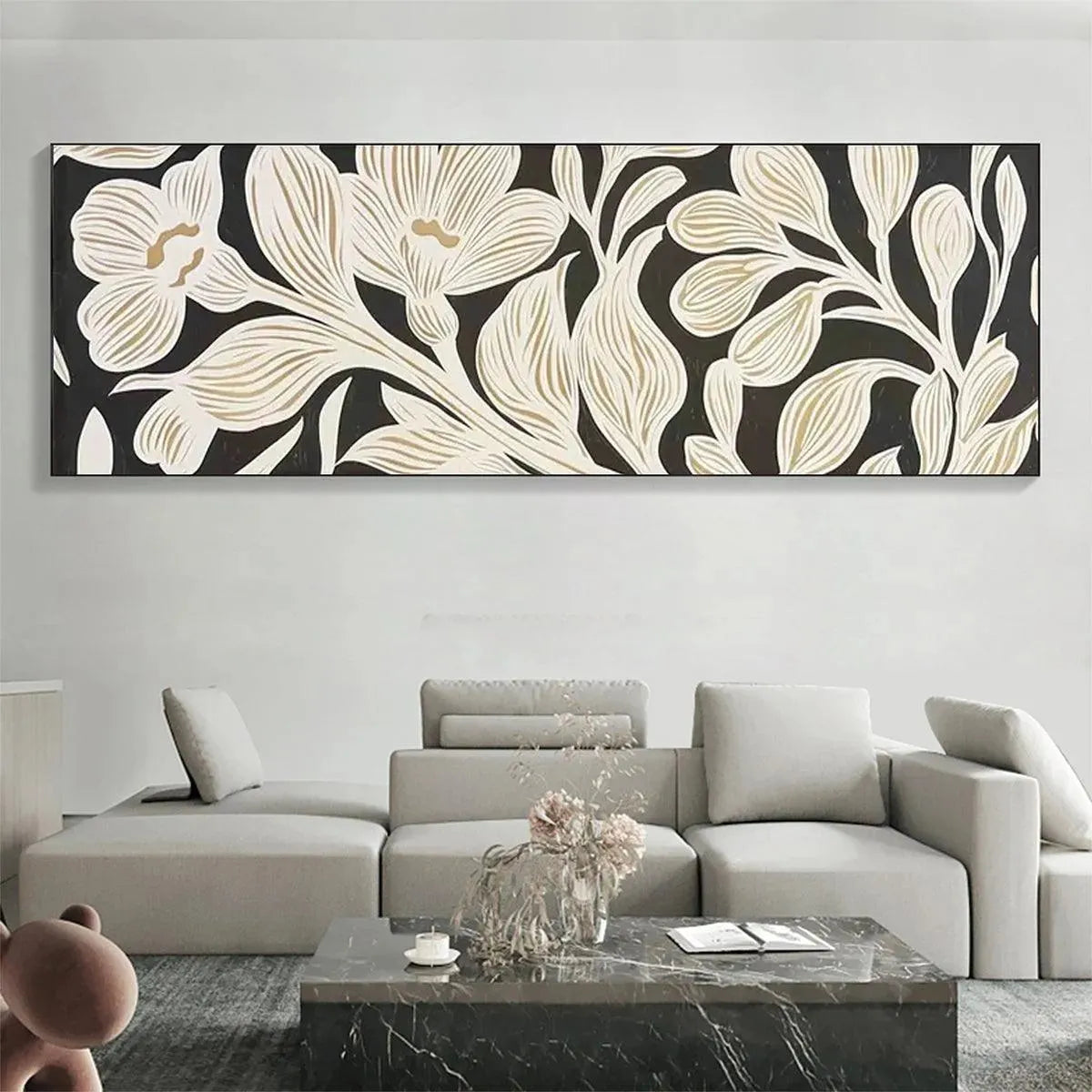 GOLDEN FLORAL PANORAMIC: Floral Painting, Panoramic Wall Art, Black and Gold Decor - Image 7