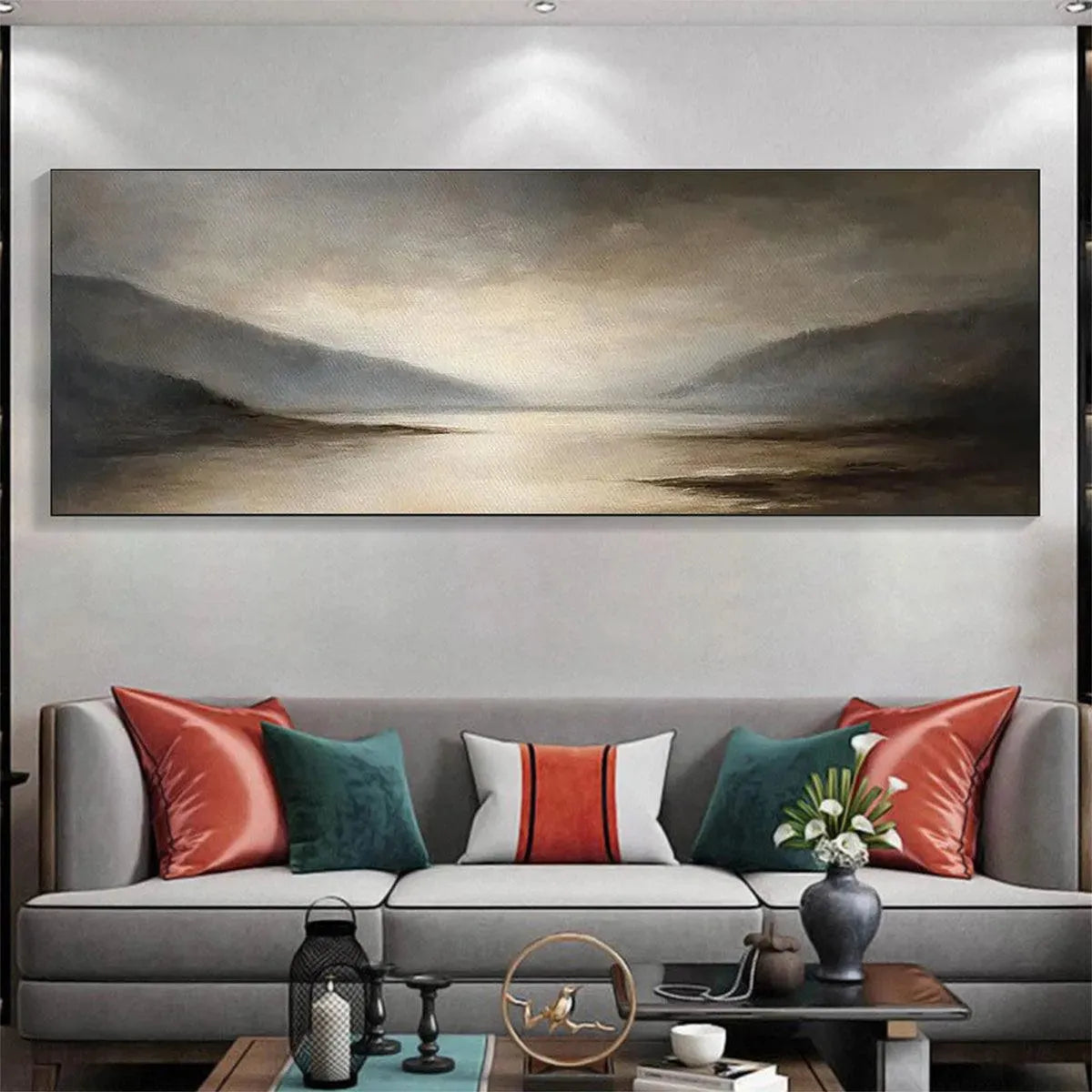 MISTY MORNING SERENITY: Landscape Painting, Panoramic Wall Art, Neutral Decor - Image 2