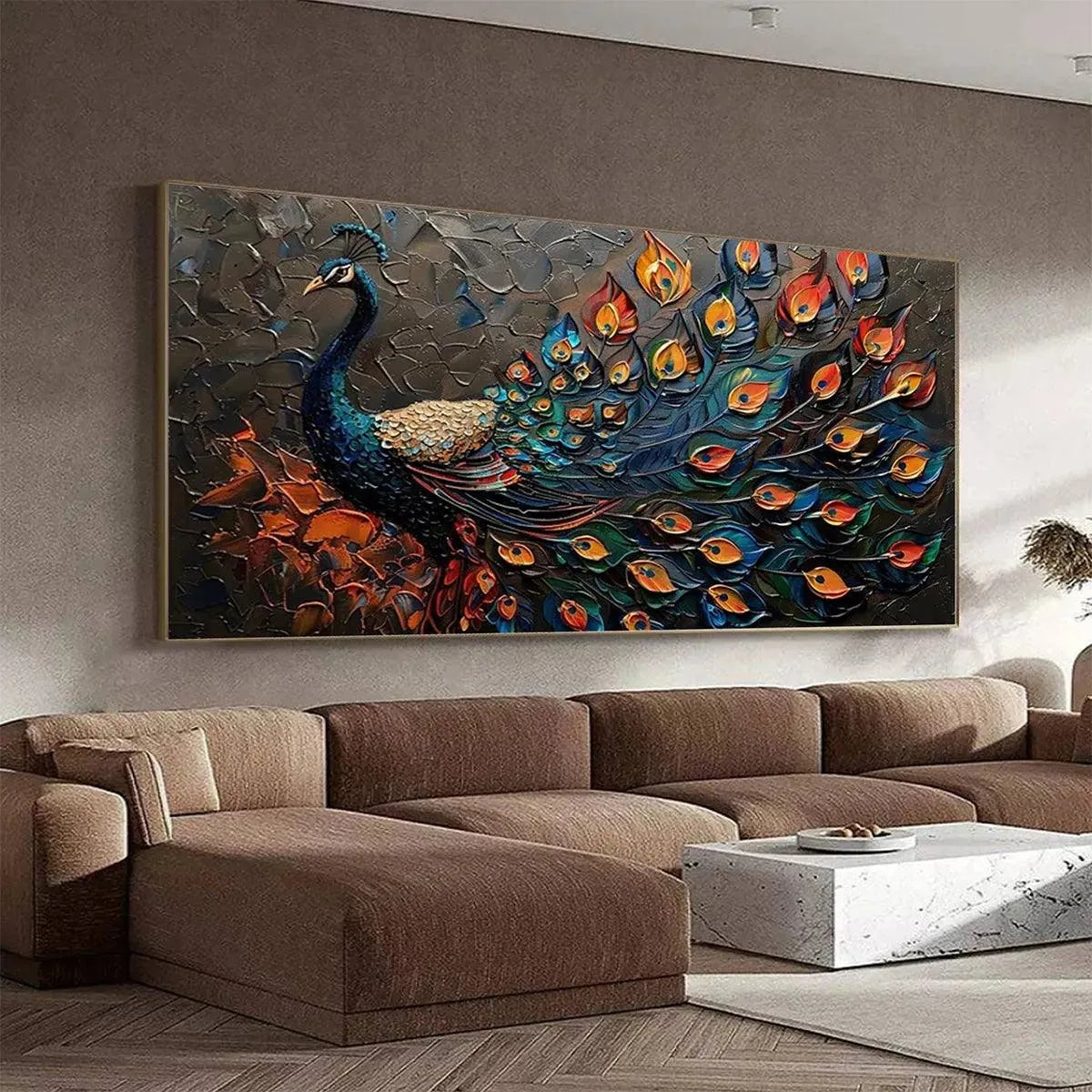 MAJESTIC PLUMAGE: Textured Peacock Painting, Impasto Wall Art, Horizontal Canvas, Animal Decor - Image 6