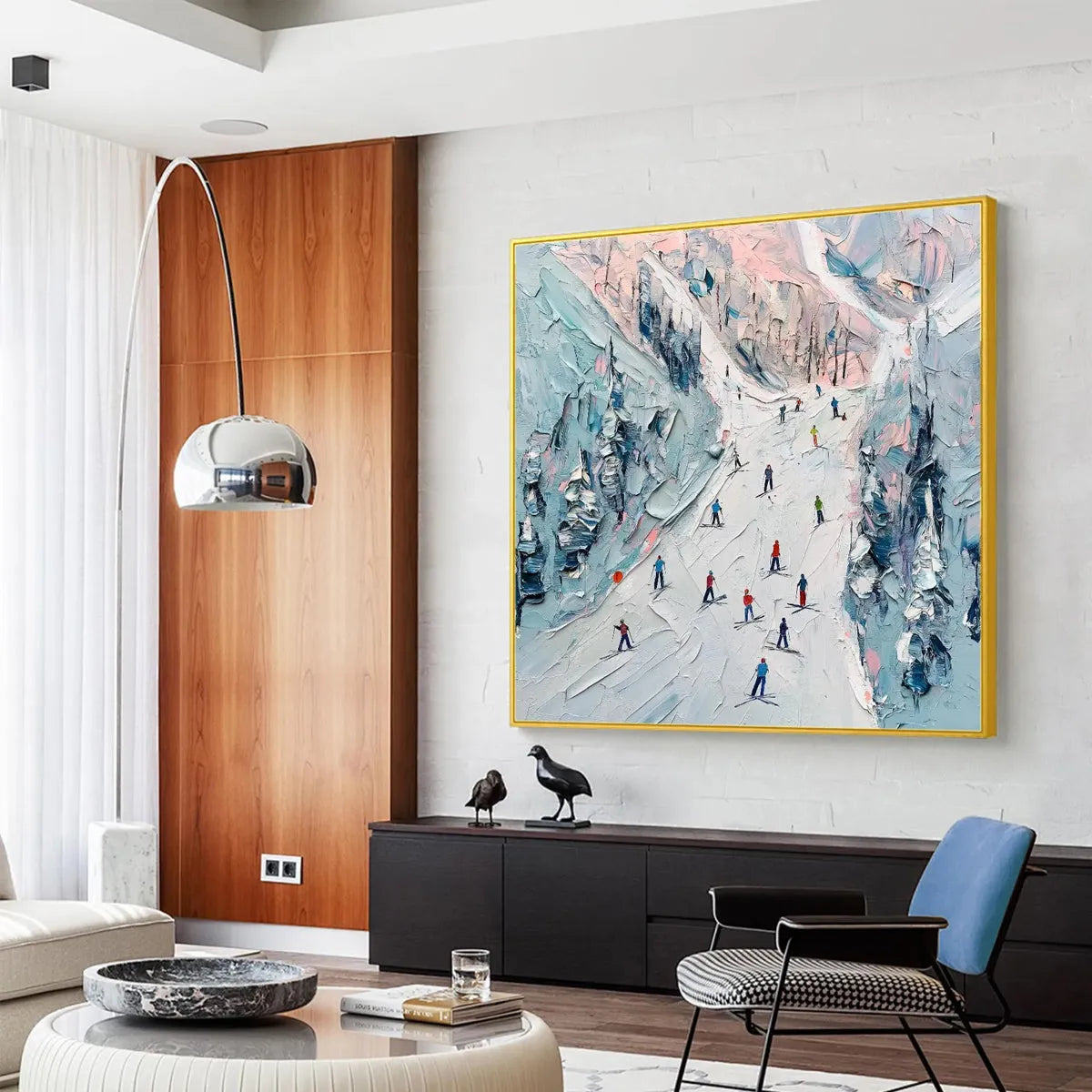 SLOPE LIFE: Textured Impasto Ski Slope Scene on Square Canvas - Image 5