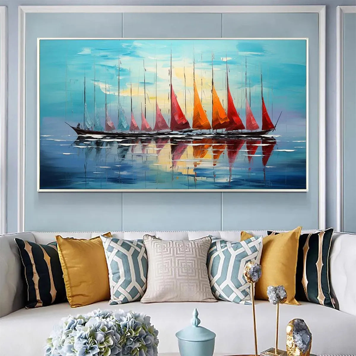 SAILING INTO SUNSET: Panoramic Sailboat Painting - Image 5