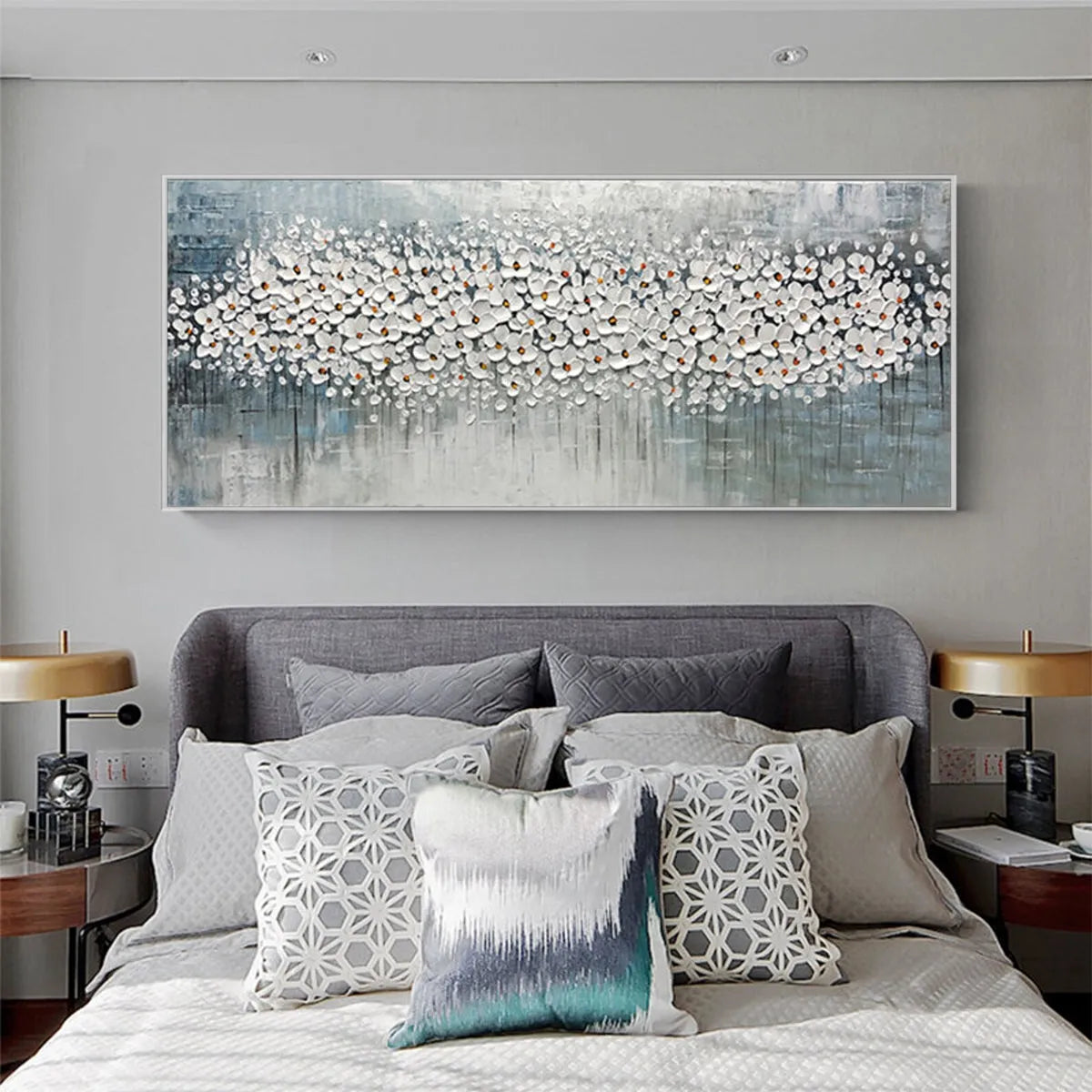 WINTER BLOSSOM: Panoramic Impasto Floral Oil Painting in White and Grey - Image 8