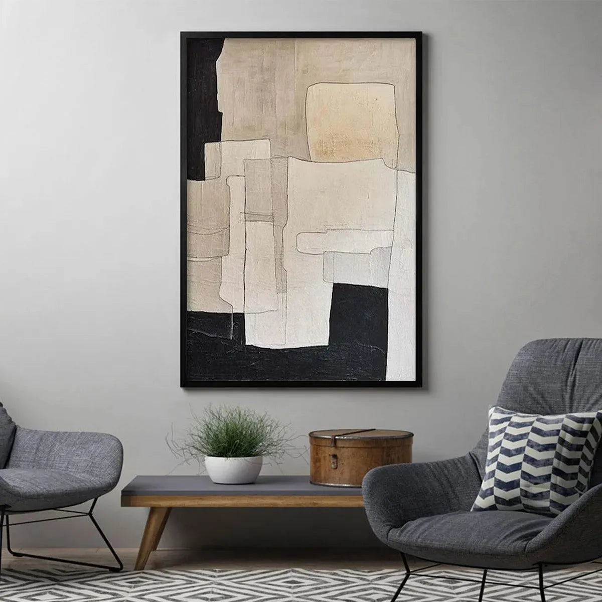 NEUTRAL ABSTRACT: Minimalist Abstract Painting in Beige and Black - Image 4
