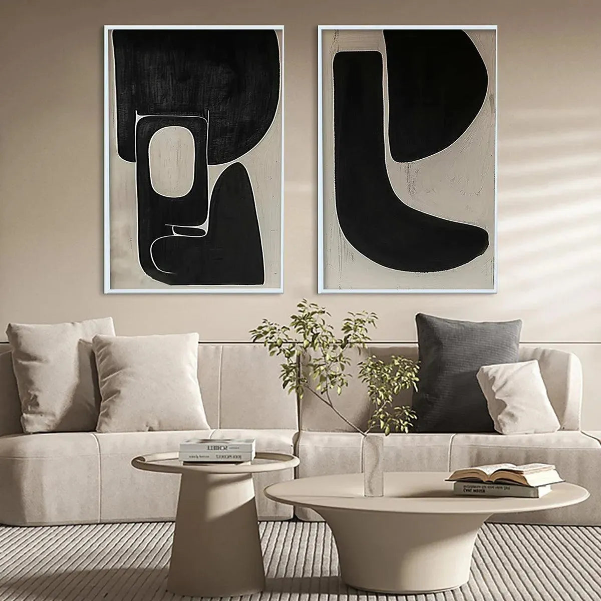 BLACK & BEIGE ABSTRACT DIPTYCH II: Abstract Painting Set of 2, Vertical Wall Art - Image 2
