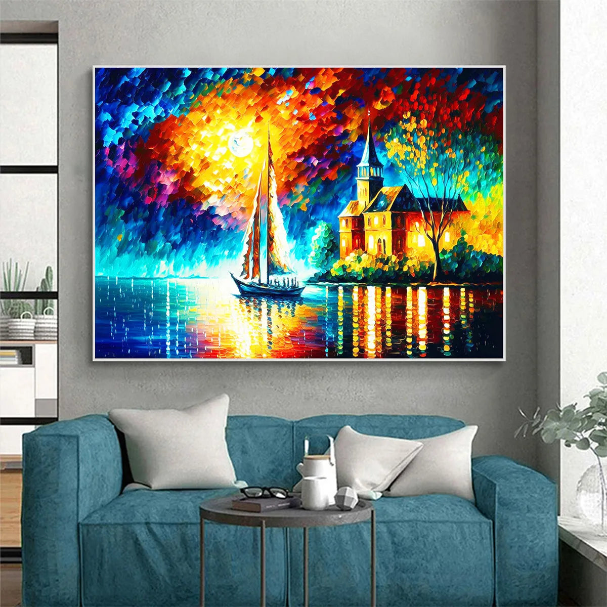 SANCTUARY BY THE SEA: Coastal Landscape Oil Painting with Sailboat and Church - Image 5
