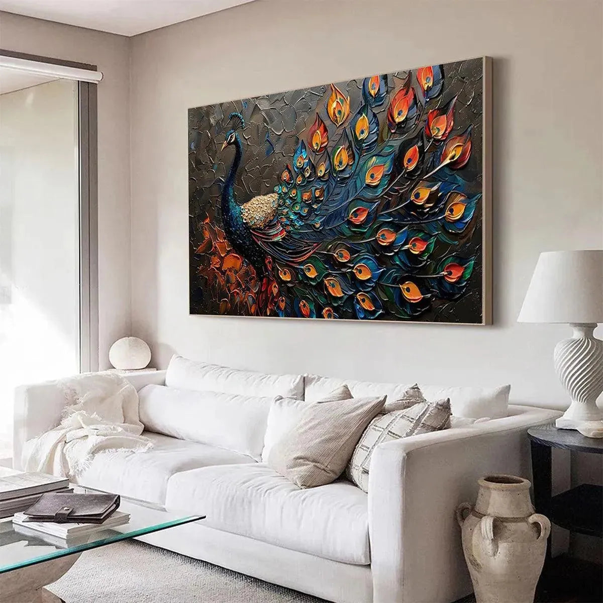 MAJESTIC PLUMAGE: Textured Peacock Painting, Impasto Wall Art, Horizontal Canvas, Animal Decor - Image 4