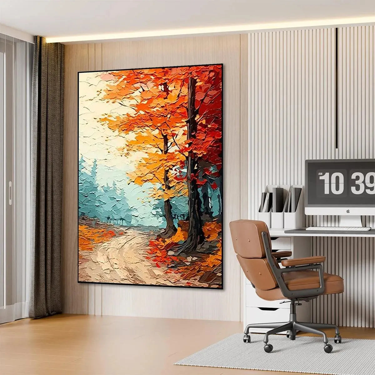 AUTUMN PATH: Textured Forest Path Painting, Orange and Blue Wall Art, Vertical Canvas, Impasto Decor - Image 4