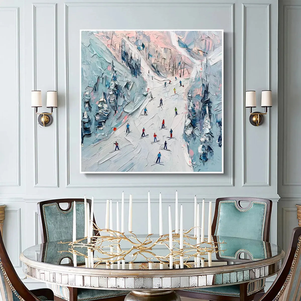 SLOPE LIFE: Textured Impasto Ski Slope Scene on Square Canvas - Image 6