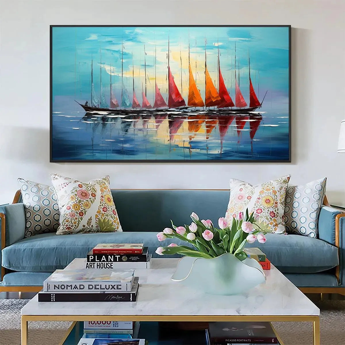 SAILING INTO SUNSET: Panoramic Sailboat Painting - Image 6