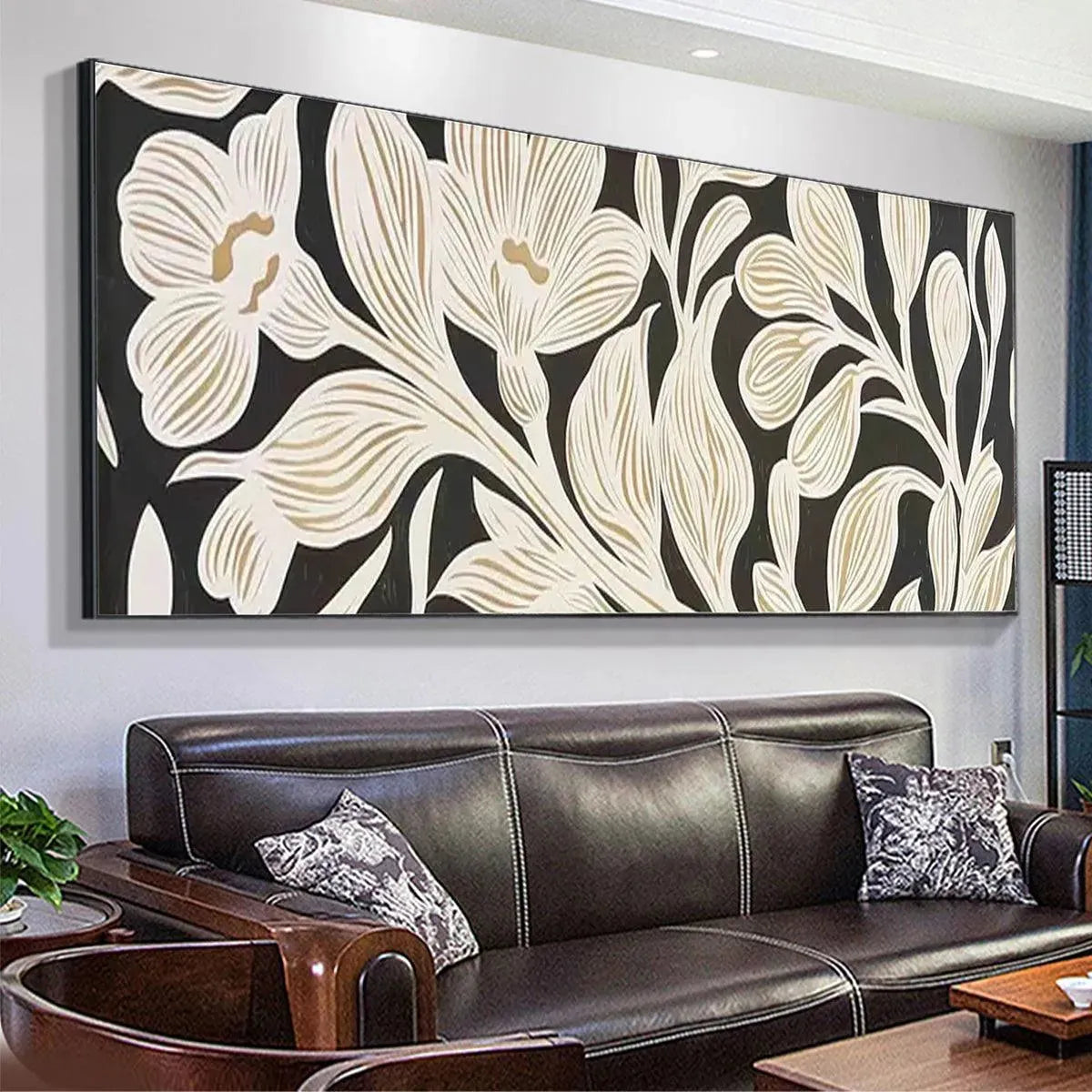 GOLDEN FLORAL PANORAMIC: Floral Painting, Panoramic Wall Art, Black and Gold Decor - Image 4