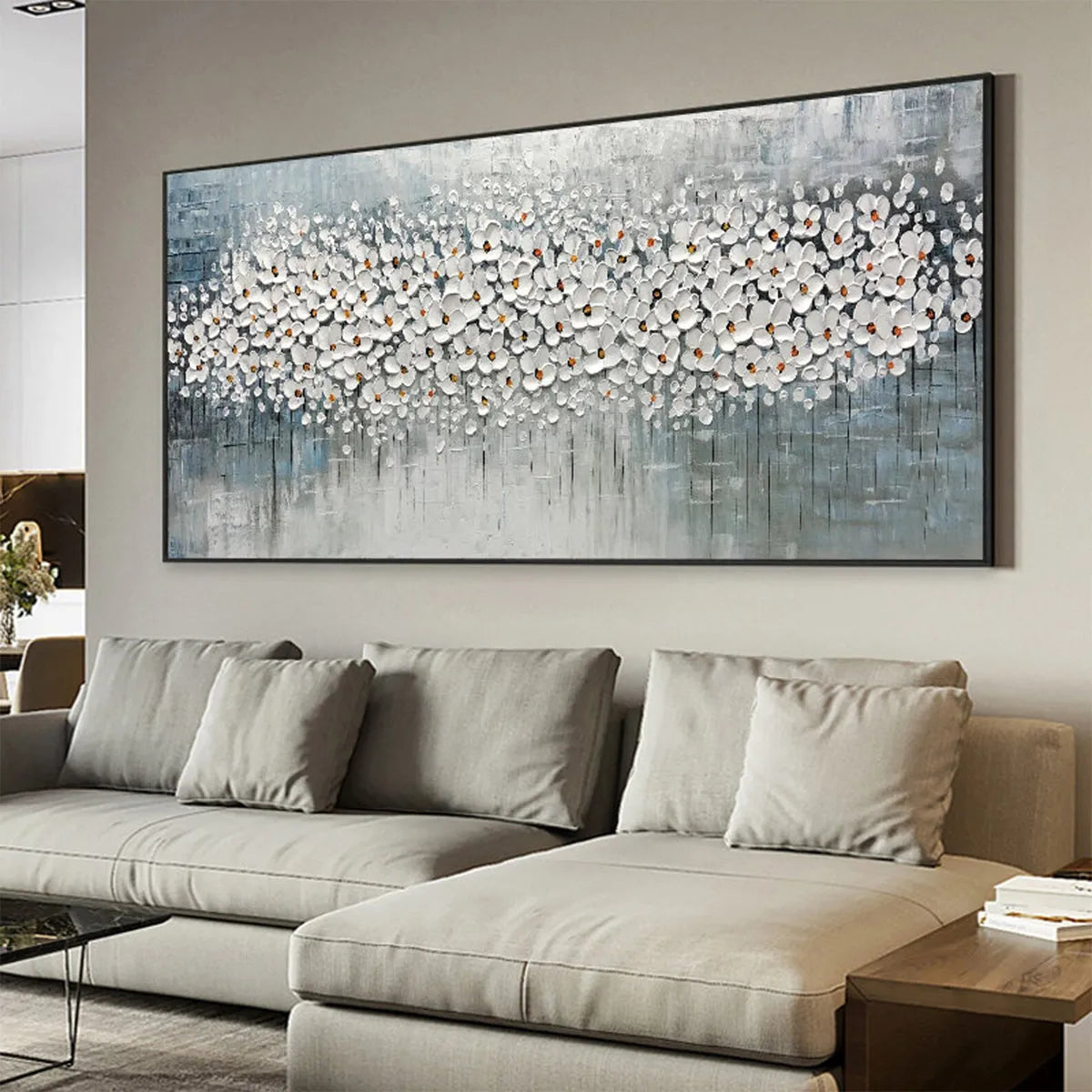 WINTER BLOSSOM: Panoramic Impasto Floral Oil Painting in White and Grey - Image 9