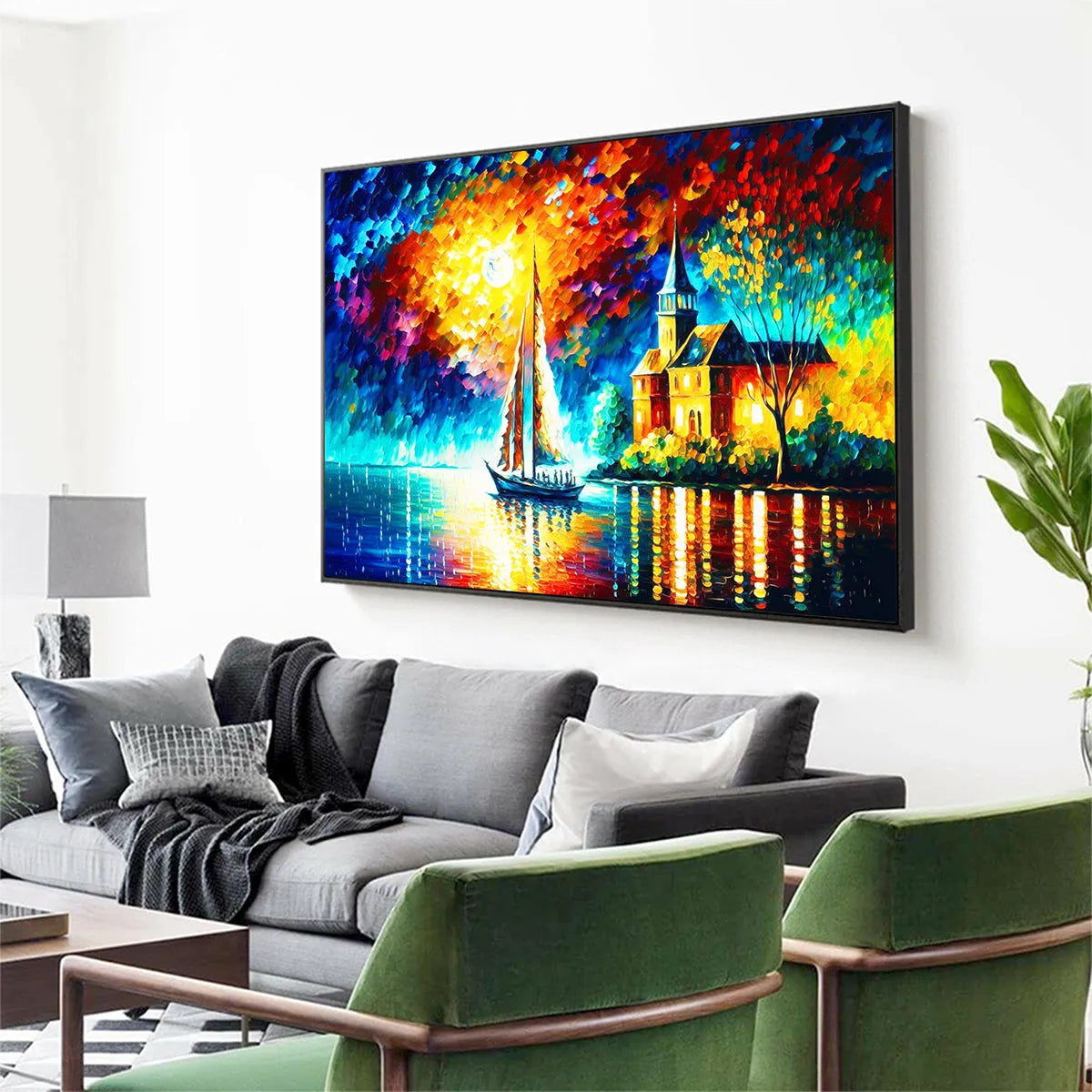 SANCTUARY BY THE SEA: Coastal Landscape Oil Painting with Sailboat and Church - Image 6
